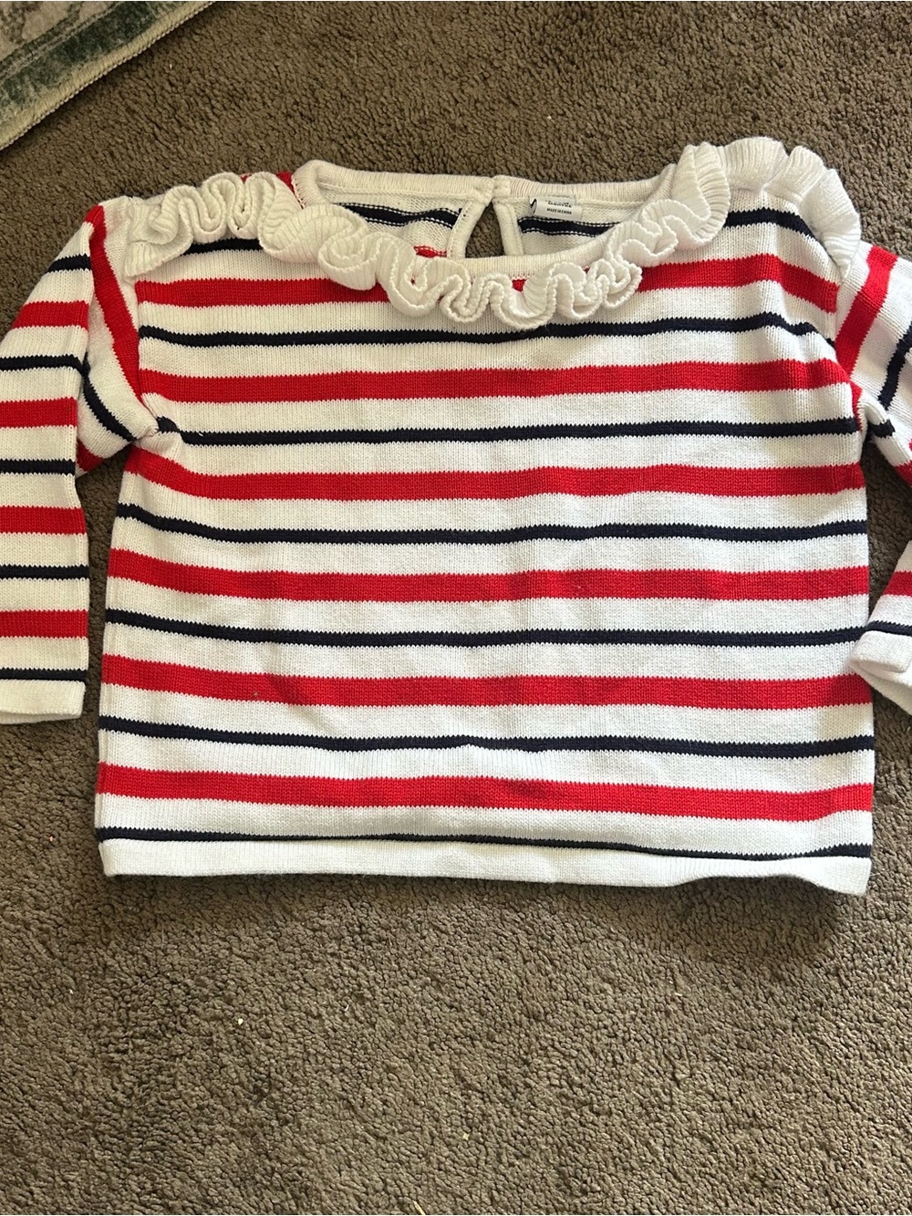 Janie and Jack Red, Navy & White Striped Ruffle Neck Long Sleeve Top
